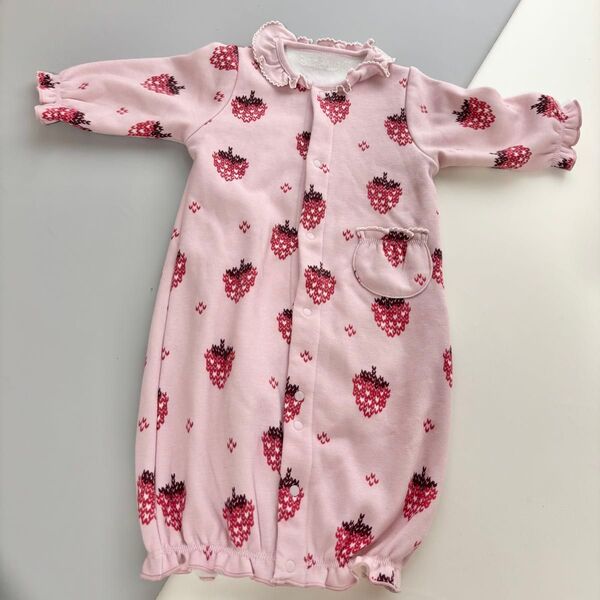 新品 50-70 カバーオール ロンパース バースデイ いちご フタフタ 新生児 ベビー服 ベビー