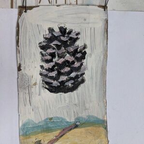 松ぼっくりと斧の絵画作品 一点物