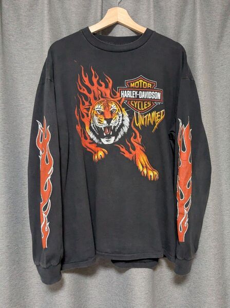 ハーレーダビッドソン 長袖 ロンT ロングスリーブ Tシャツ 黒 ブラック フレイム トラ タイガー ファイヤー XL ハーレー