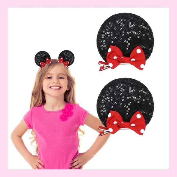 新品 ミニーちゃん 耳 リボン スパンコール ヘアクリップ2個セット 赤 ドット 可愛い
