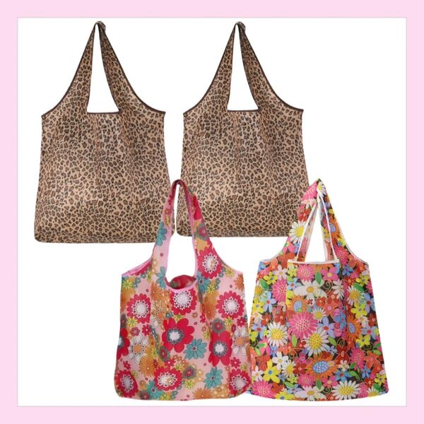 1セット限定 軽量折りたたみエコバッグ4個セット ヒョウ柄 花柄 ピンク 黒 おしゃれ 可愛い 買い物袋
