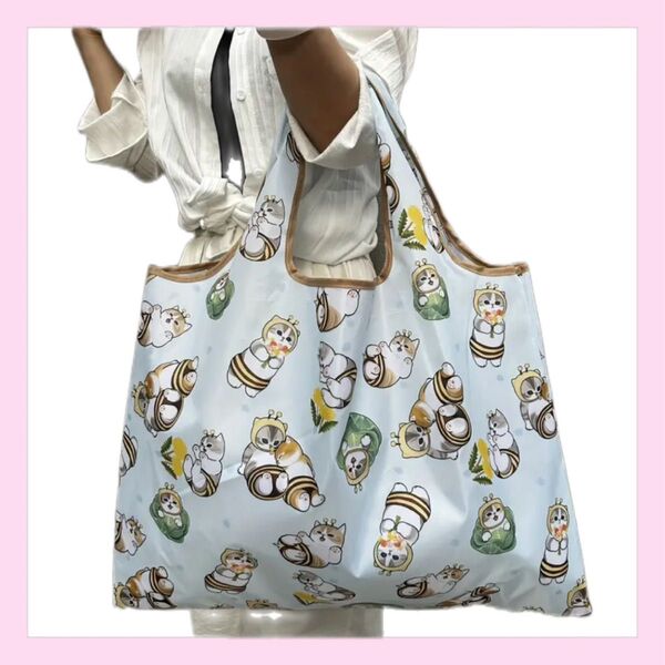 新品 モフサンド 折りたたみ エコバッグ ライトブルー はちにゃん ネコ 可愛い