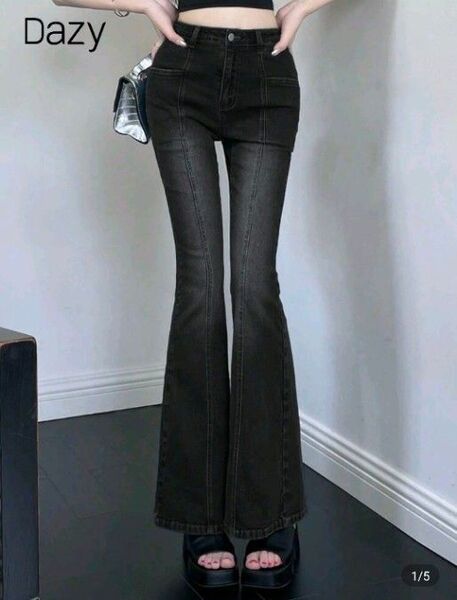 デニムパンツ ハイウエスト 韓国 フレアデニムパンツ フレアデニム グレー 黒 加工デニムパンツ 美脚効果 SHEIN シーイン
