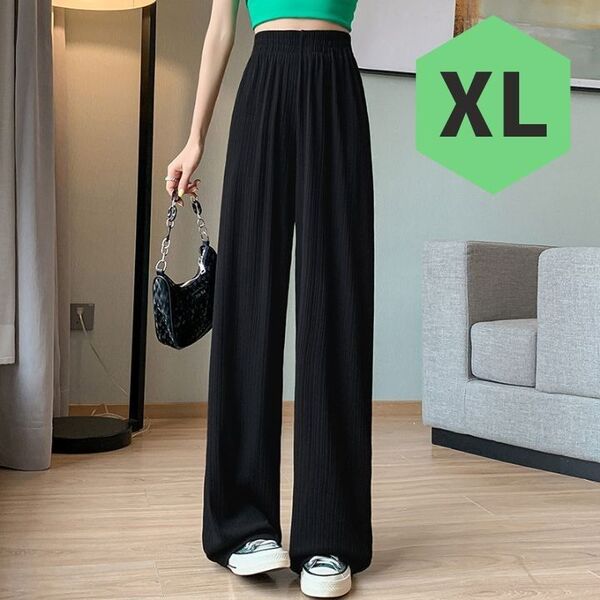 レディース ワイドパンツ 接触冷感 XL シンプル カジュアル 大人 ブラック