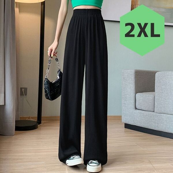 レディース ワイドパンツ 接触冷感 2XL シンプル カジュアル 大人 ブラック