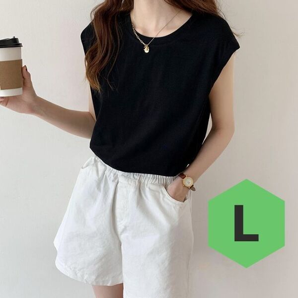 ノースリーブ 半袖 フレンチスリーブ Tシャツ L シンプル カジュアル 黒