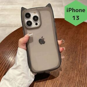 新品 iPhone13 ケースカバー 猫耳 かわいい 背面クリア 透明 ブラック