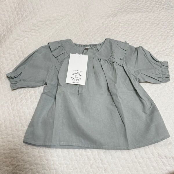 110cm 新品未使用品 くすみブルートップス しまむら シーズンリーズン 綿100%女の子 夏服 ギャザースモック