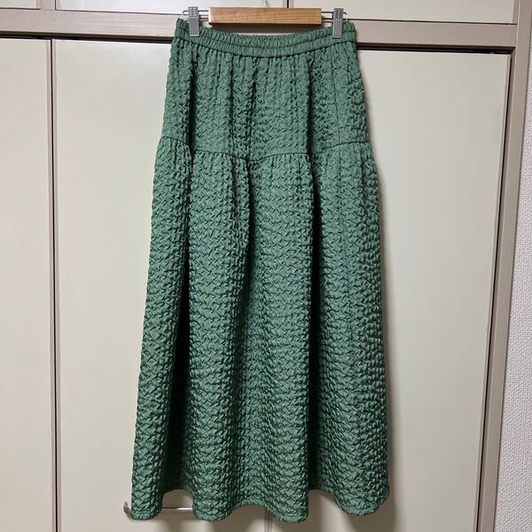 グリーン ロングスカート シワ加工 フレア ウエストゴム