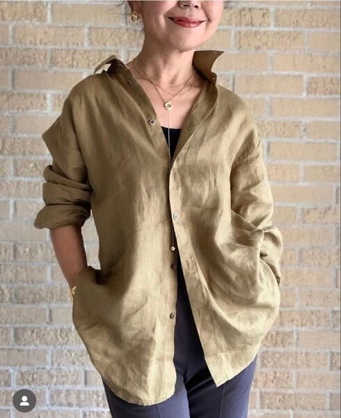 UNIQLOユニクロ プレミアムリネンシャツ 3XL オリーブグリーン系 長袖