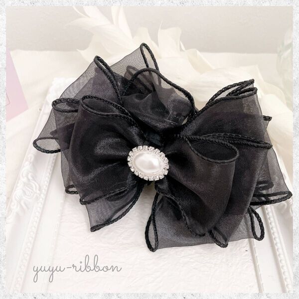 ハンドメイド チュールリボン バンスクリップ 大きめ ブラック 黒 パール バンズクリップ 上品 大人 結婚式 フォーマル