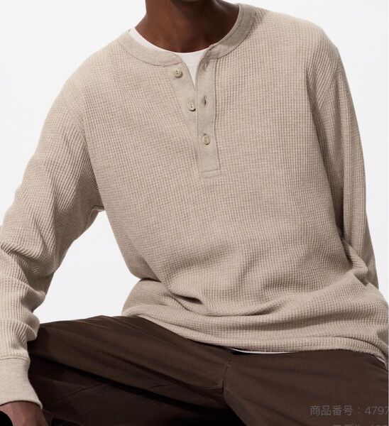 UNIQLO ワッフルヘンリーネックTシャツ 2XL カーキ ユニクロ 長袖 サーマル