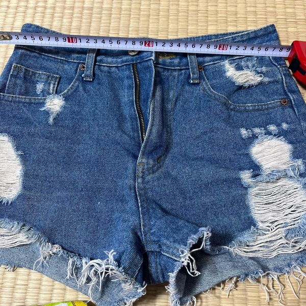 デニムショートパンツ ダメージ加工 ブルー