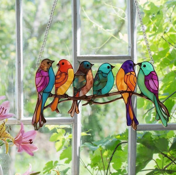 【新品】サンキャッチャー 壁掛け 6羽の小鳥 カラフル 飾り ステンドグラス風 アクリル板