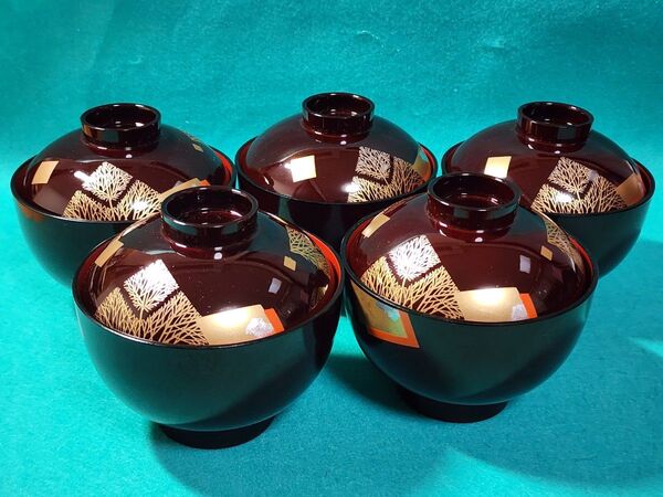 吸い物椀 5客 漆塗 漆器 汁椀 吸い物 磨蒔絵 和食器 骨董品 アンティーク おせち 正月