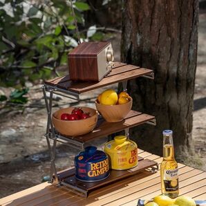 ★アウトドアラック★三段ウッドラック★アウトドアキッチン三段ラック★収納ケース付★天然オーク材ラック★多機能三段ラック★