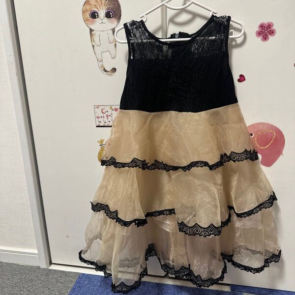 フォーマルドレス 女の子 95cm ベージュ 黒 レース 姫ドレス