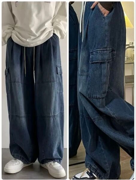 カーゴパンツ ワイドパンツ ブルー 古着風 デニム 男女兼用 ユニセックス デニムパンツ ストリート系 ゆるっとコーデ
