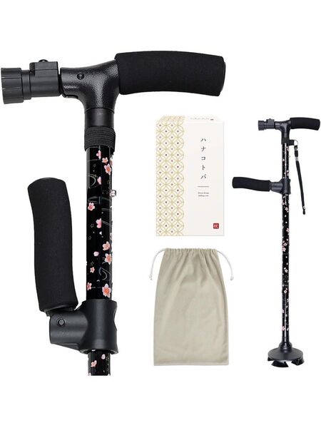 ハナコトバ 杖 4本足 女性用 訪問看護ステーション共同開発 LEDライト付き 軽量 約143cm~168cm対応 多点杖