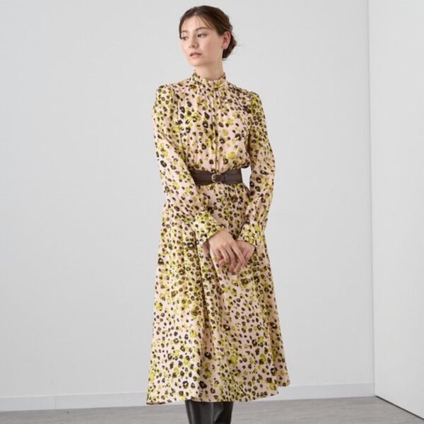 美品 ANAYI アナイ 24SS レオパードプリントスタンドフリルワンピース 38