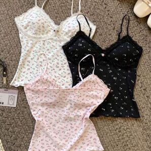 3個セット ティーンガールズのフレンチスタイル フローラル柄レースエッジのリボンパッド付きプランジープッシュアップブラセット