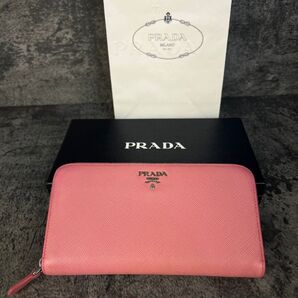 美品 PRADA ラウンドファスナー長財布 サフィアーノレザー ピンク プラダ
