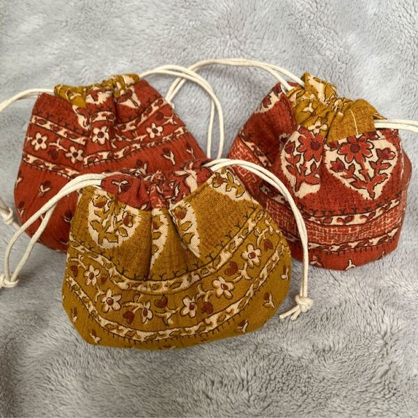 巾着 しじみ巾着 アジアンテイスト 茶系 3個セット ハンドメイド ポーチ