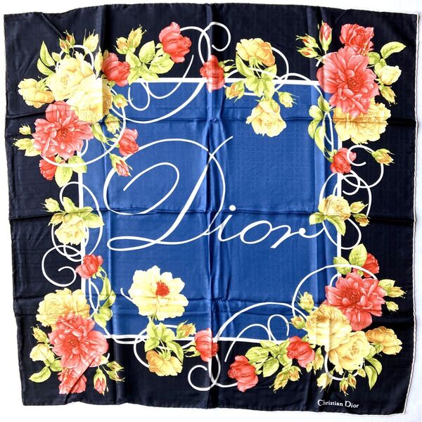 ChristianDior クリスチャンディオール シルク100% 花柄 Diorロゴ 大判スカーフ マルチカラー