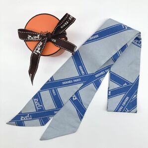 HERMES ヘルメス ツイリーBOLDUC ボルデュック リボン柄 シルク ブルー リボンスカーフ シルク シルクスカーフ