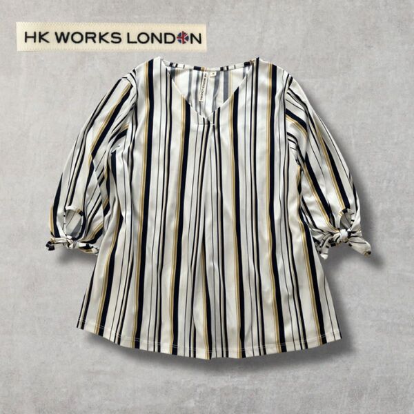 【HK WORKS LONDON】 ブラウス ストライプ Vネック リボン M プルオーバー