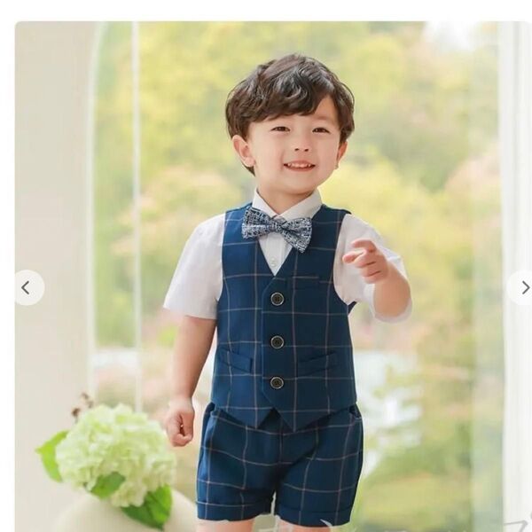 男の子 フォーマル チェック ベスト パンツ 蝶ネクタイセット ネイビー 80