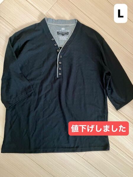 値下げしました! pia nicool メンズ ヘンリーネック ブラックシャツ L プルオーバー トップス 半袖