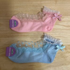 tutu anna チュチュアンナ キッズ レディース 靴下 ソックス 水色 ピンク リボン 2足セットまとめ売り 22〜24cm