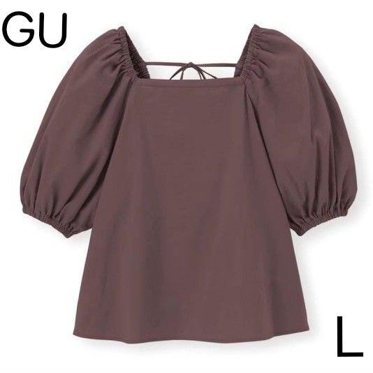 GU ジーユー スクエアネックブラウス(5分袖)ブラウン L ランタンスリーブ 無地 シンプル L