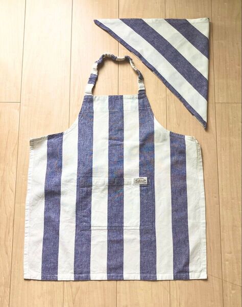 キッズエプロン 三角巾付き 子供用 120cm-140cm対応 綿 ストライプ 小学生 調理実習 給食 2点セット 男の子 女の子