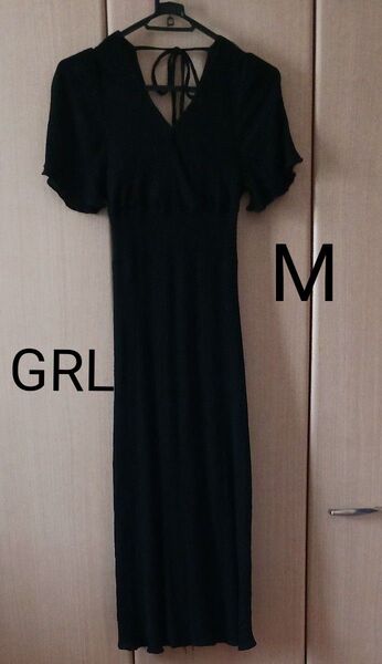 【GRL】グレイル カシュクール ウエストシャーリング ワンピース ブラック 黒 M 半袖 ロング丈
