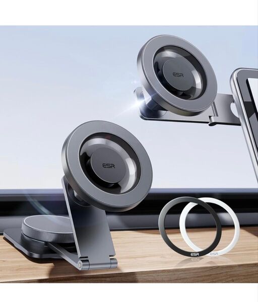ESR スマホホルダー 車 magsafe 車載 折りたたみ式 360度回転 ダッシュボード 充電非対応 メタリックグレー