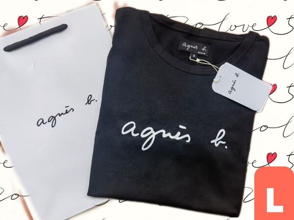 アニエスベーagnes b ロゴプリント 綿100% 半袖Tシャツ ブラック レディース L