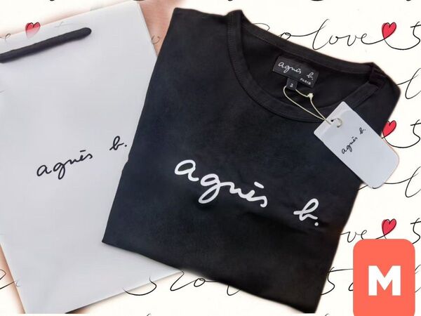 アニエスベーagnes b ロゴプリント 綿100% 半袖Tシャツ ブラック レディース M