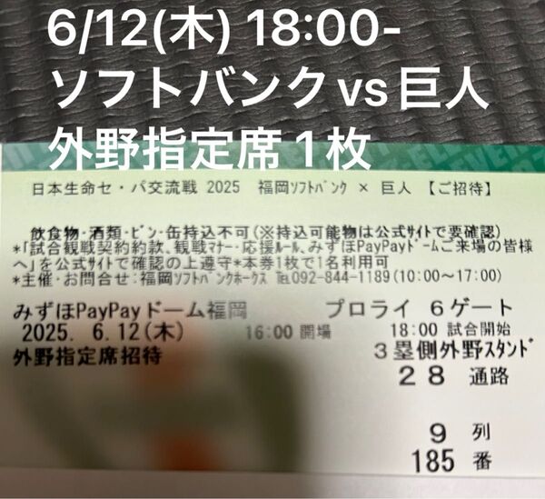 ☆6/12(木) 18:00- セパ交流戦 ソフトバンクvs巨人 外野指定席 1枚☆