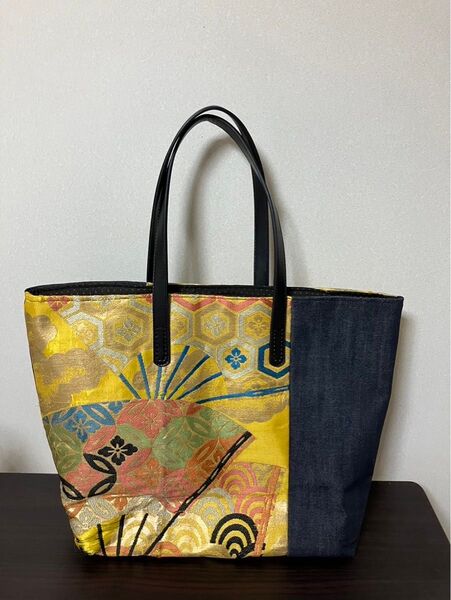 アンズルーム★ハンドメイド★着物×帯 リメイク★トートバッグ★ハンドバッグ★かばん★大容量 大きめ★黄色×デニム★扇