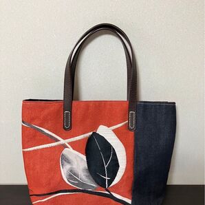 アンズルーム★ハンドメイド★帯×デニム★トートバッグ★ハンドバッグ★着物 帯リメイク★オレンジ 葉っぱ★A4