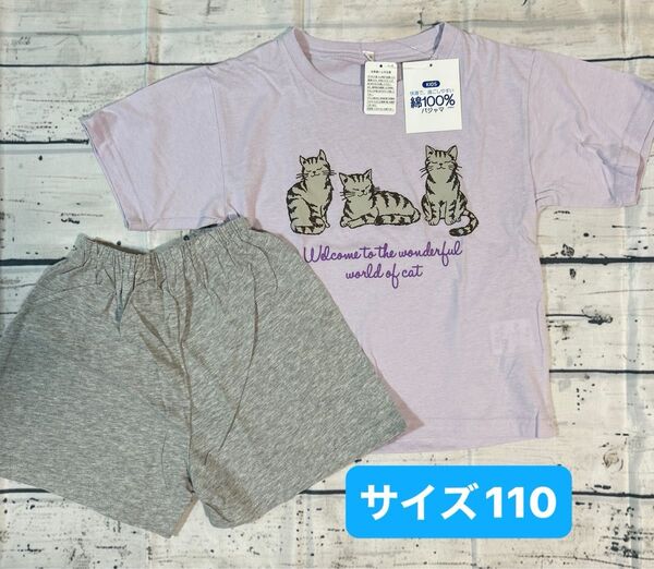 コットン100% 半袖ルームウェア サイズ110 パジャマ半袖 Tシャツ 半ズボン 短パン 女の子 キッズネコ 猫