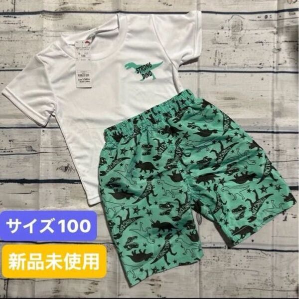 恐竜柄!サーフパンツセット サイズ100cm 水着 上下セット 男の子 キッズ 水着 シャツ サーフパンツ 海パン