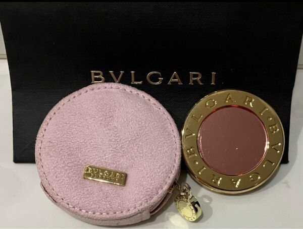 非売品BVLGARI コンパクトミラー スライド式 ポーチ付きピンク ゴールド
