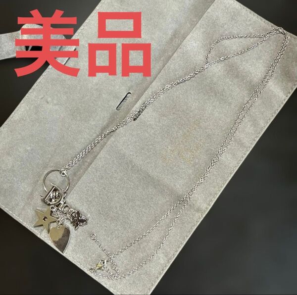 Christian Dior クリスチャンディオール Diorロゴ3連チャームロングネックレス シルバーカラー ビンテージ 美品