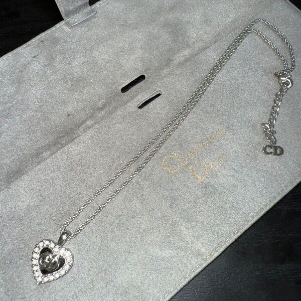 Christian Dior クリスチャンディオール ラインストーン付きハートモチーフネックレス シルバーカラー ビンテージ美品