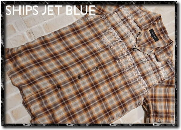 ★SHIPS JET BLUE　シップスジェットブルー　チェック半袖シャツ　茶系★