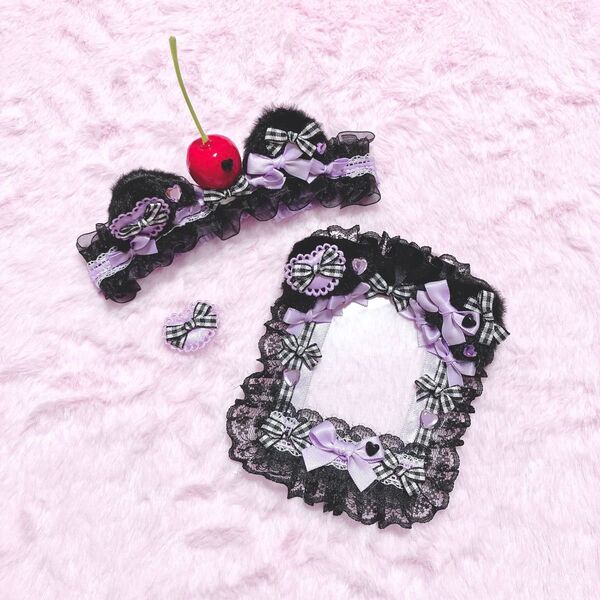 (B品) ぬい服 さくらんぼヘッドドレス トレカケースデコ ねこ M~Lサイズ 黒×ラベンダー