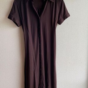 ユニクロ ダークブラウン シャツワンピース ウエストリボン 半袖 M